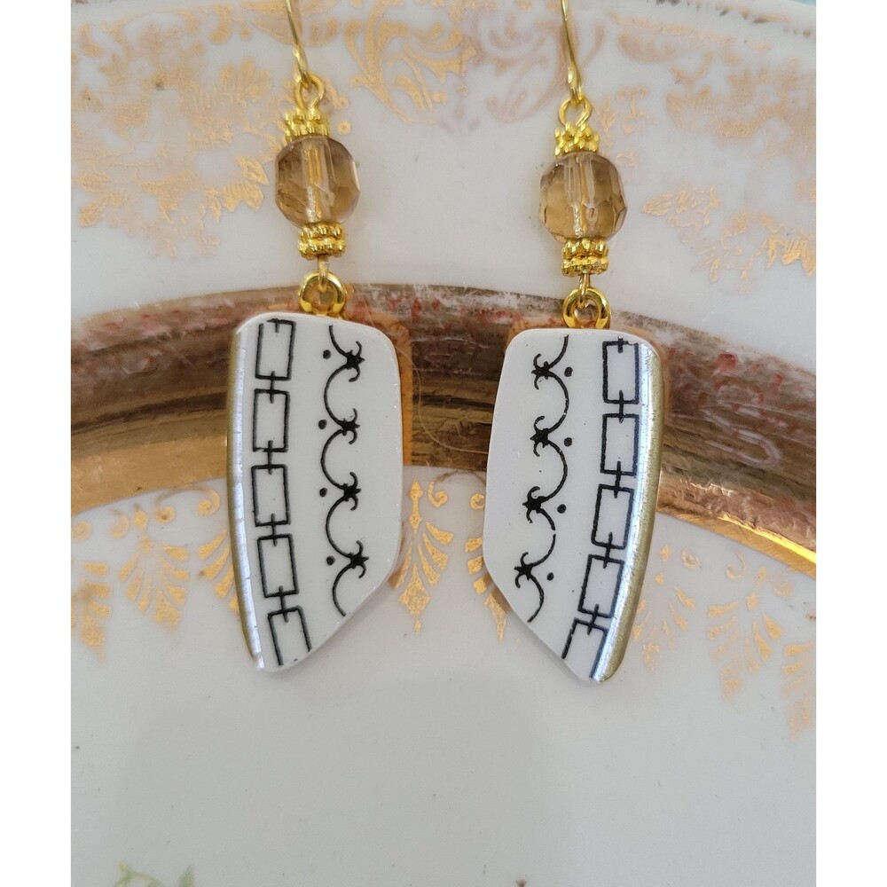 Broken China Gold & Ivory Design Earrings